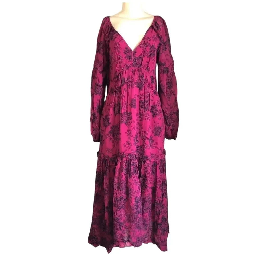 Anthropologie Maeve Annabella Floral Bohemian Tiered Maxi Dress Merlot Red Sz 8 - Picture 2 of 7